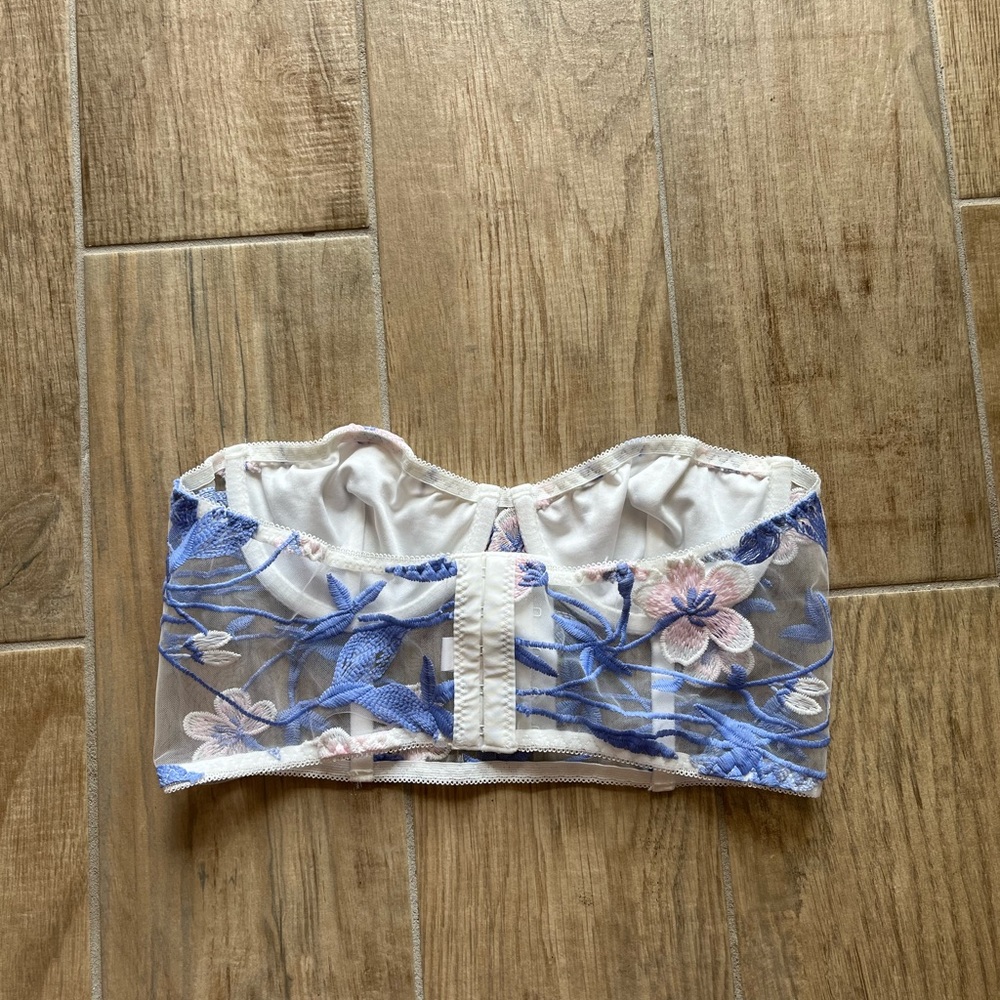 ROMWE white & blue floral embroidered sheer underwire corset top - Picture 6 of 10